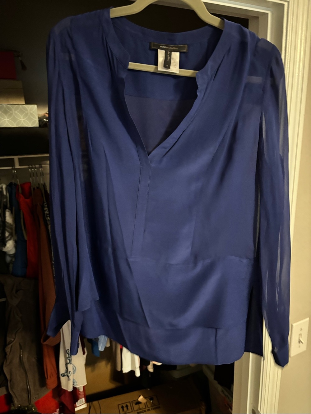 BCBGMaxAzria Sheer V-Neck Long Sleeve Blouse - Royal Blue
